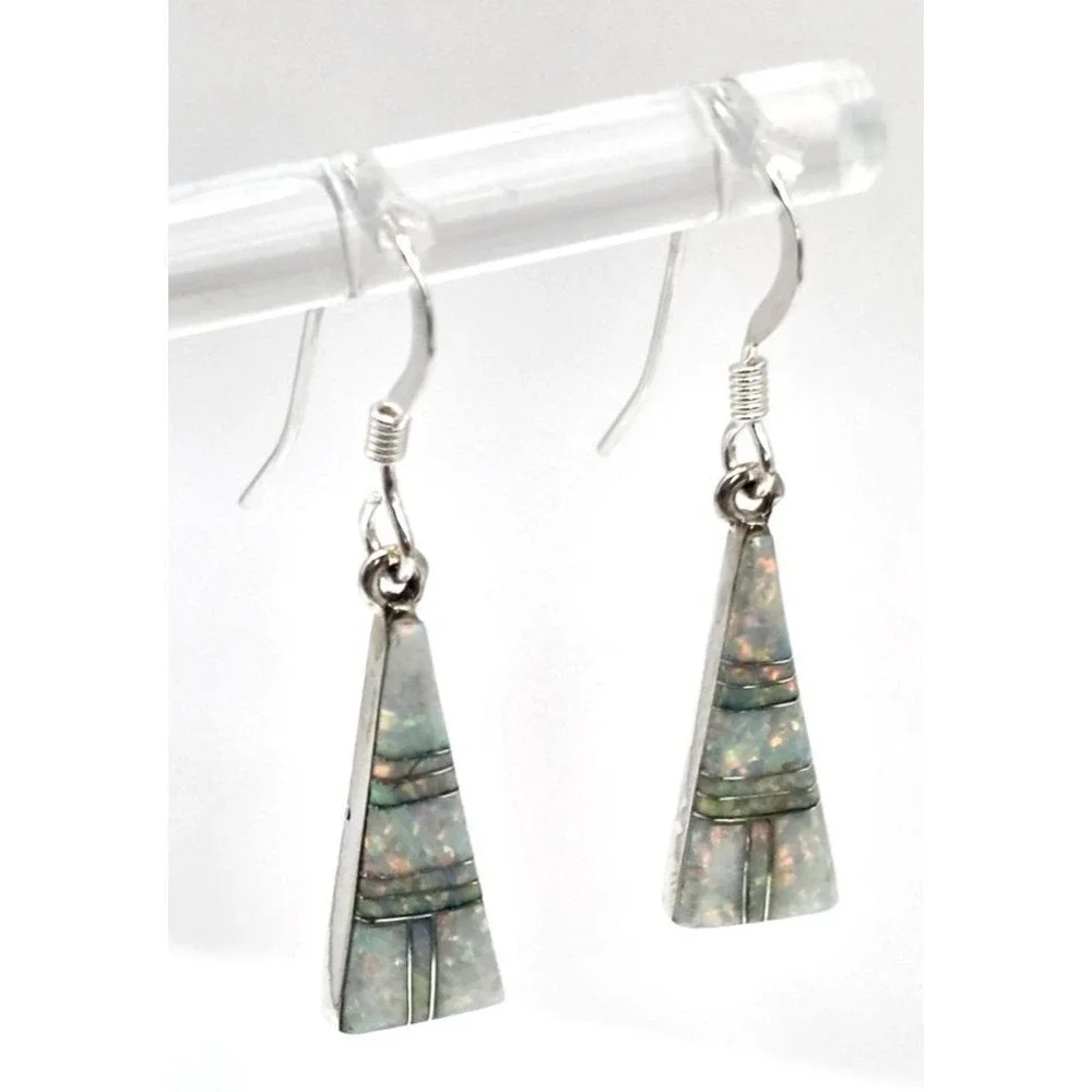 Fire Opal Dangle Earrings Sterling Silver Inlays Triangles Handmade 18.7mm NEW